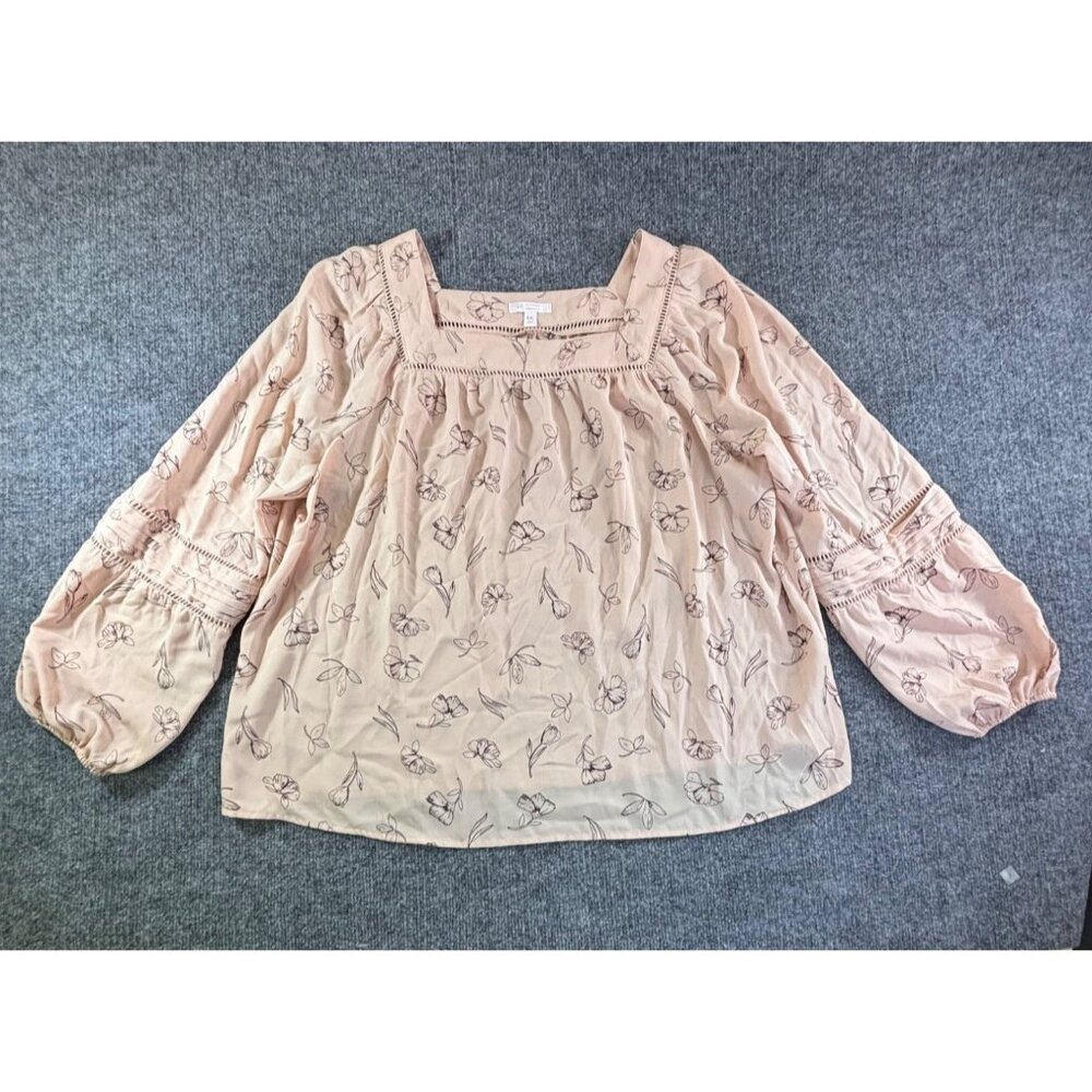 LC Lauren Conrad Blouse Women's XXL Square Neck Floral Top Peach Balloon Sleeve